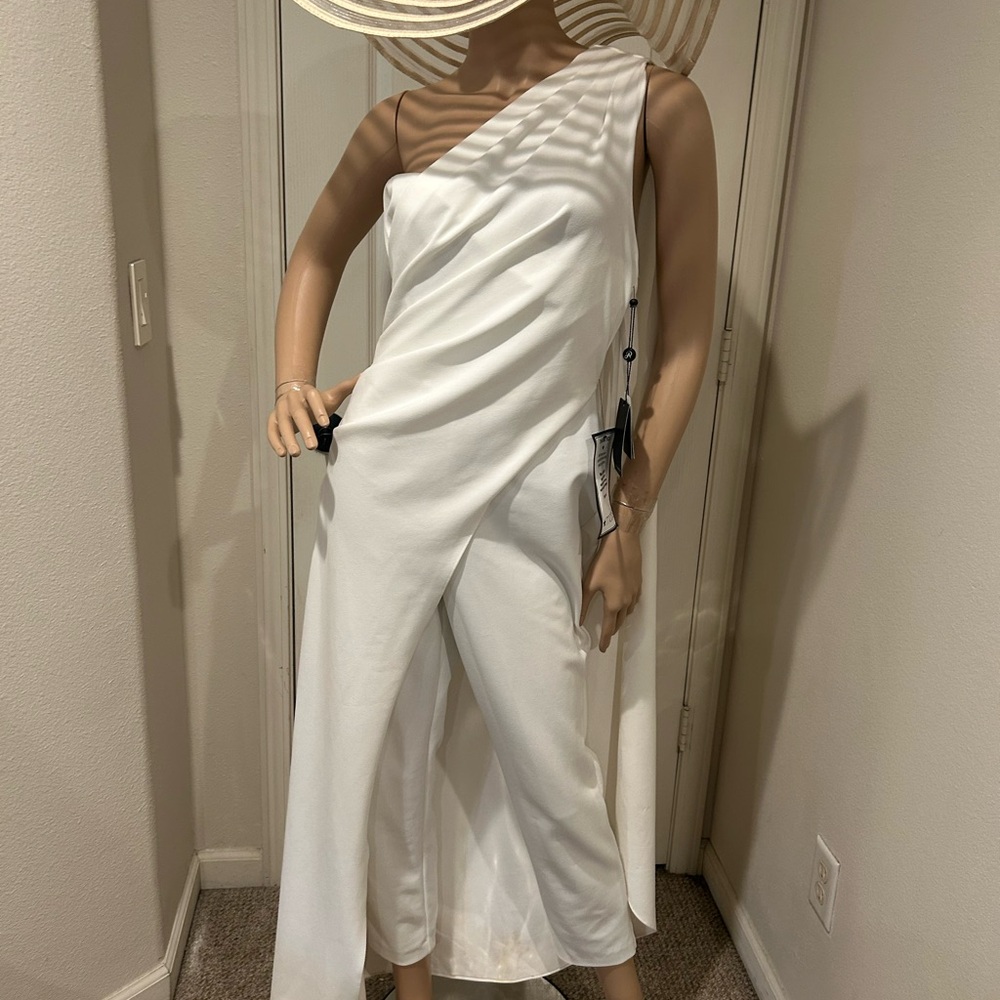 Adrianna Papell One-Shoulder Cape Ivory Jumpsuit